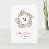 Elegant kerstfeest Greenery Monogram Wreath Feestdagen Kaart (Voorkant)