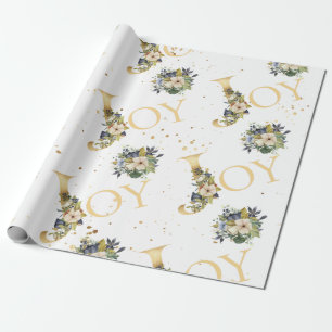 Elegant Kerstfeest Joy Floral Gold Glitter Cadeaupapier
