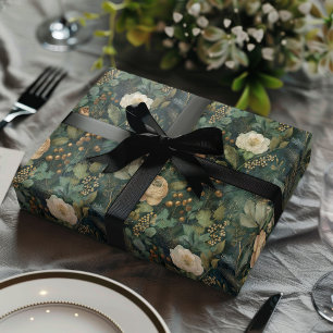 Elegant kerstfeest winter groen en crème bloemmoti inpakpapier vel