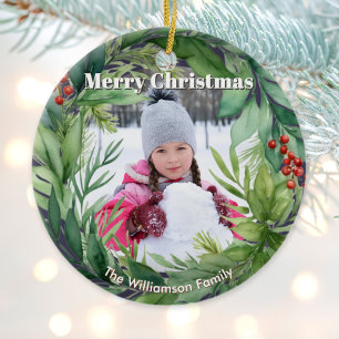 Elegant Kerstgroen Aangepaste Foto Keramisch Ornament