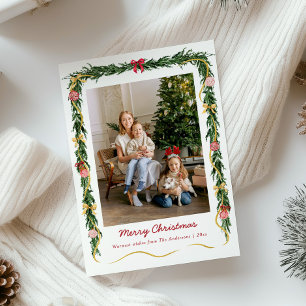 Elegant Kerstgroen Garland & Bogen 1 Foto Feestdagenkaart