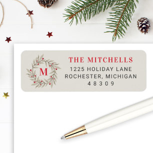 Elegant kerstgroen rood monogram, geschreeuw etiket