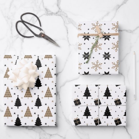 Elegant Kerstmis Black Gold Scandinavian Pattern Inpakpapier Vel (Voorkant)