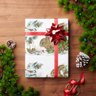 Elegant Kerstmis Snowy Bunny and Birds Cadeaupapier