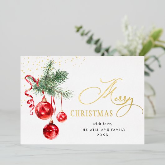 Elegant kerstornament Red Balls 2 Foto Gold Folie Feestdagenkaart (Staand Voorkant)