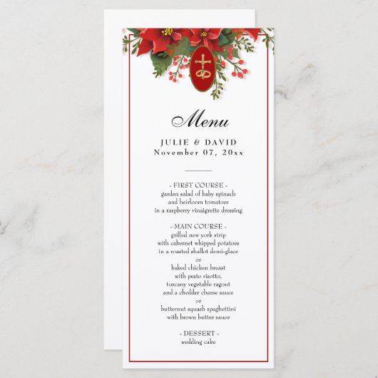 Elegant kerstrood pointsettia bruiloft menu (Voorkant / Achterkant)