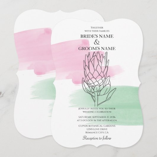 Elégant King Protea Aquarelle mariage invitations (Devant / Derrière)