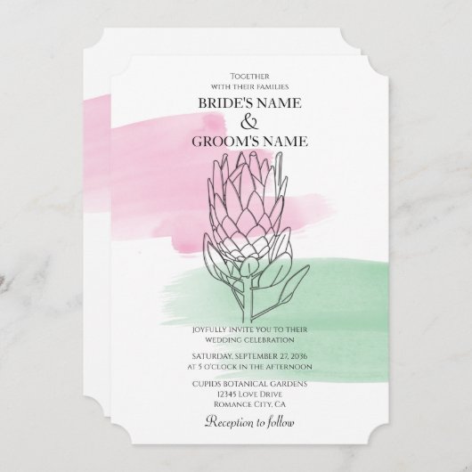 Elégant King Protea Aquarelle mariage invitations (Devant / Derrière)