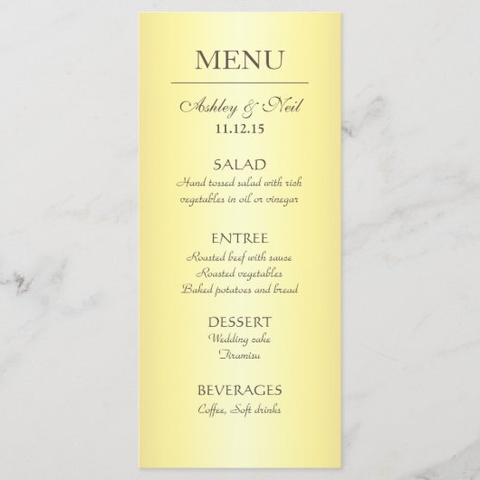 Elegant klassegeel & beige bruiloft menu (Voorkant)