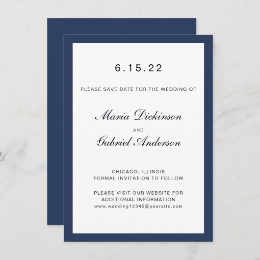 Elegant klassiek marineblauw Lijst. Bruiloft Save The Date (Voorkant / Achterkant)