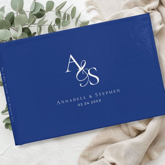 Elegant, Klassiek, Monogram, Blauw, Bruiloft Gastenboek