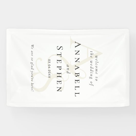 Elegant, Klassiek, Monogram, Witte bruiloft Spandoek (Horizontaal)