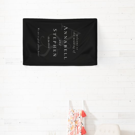Elegant, Klassiek, Monogram, Zwart, Bruiloft Spandoek (Insitu)