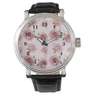 Elegant klassiek roze rozenbloempatroon horloge