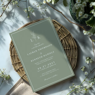 Elegant Klassiek Saliegroen Blad Monogram Huwelijk Kaart