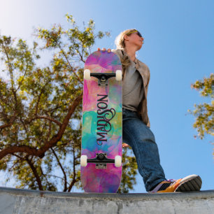 Elegant kleurig marmer monogram skateboard