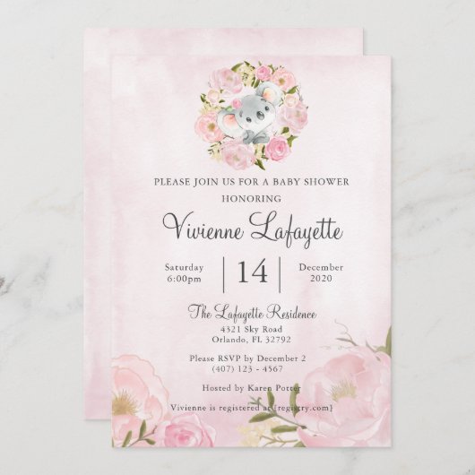 Elegant Koala Girly Pink Peony Baby shower Kaart (Voorkant / Achterkant)