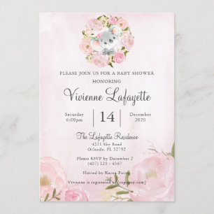 Elegant Koala Girly Pink Peony Baby shower Kaart