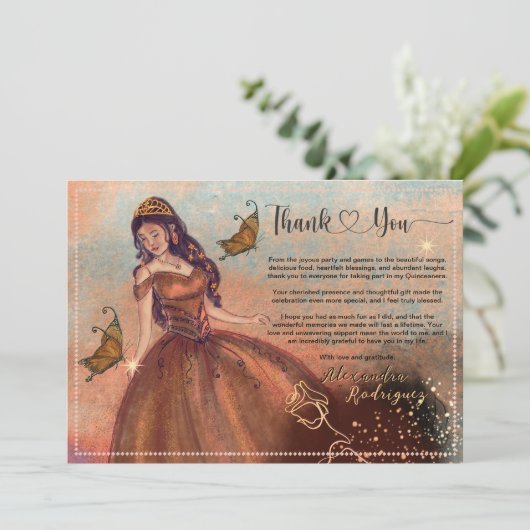 Elegant  Koper Roos Quinceañera Dank u Bedankkaart (Staand voorkant)