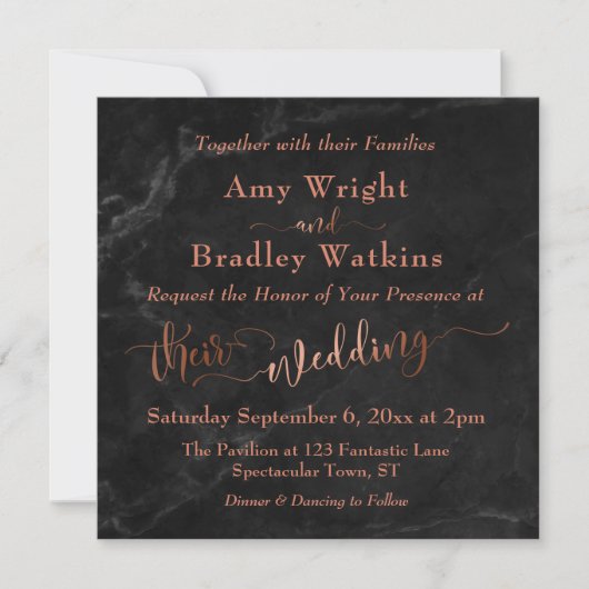 Elegant Koper Script w / Zwart Marmer | Bruiloft Kaart (Voorkant)