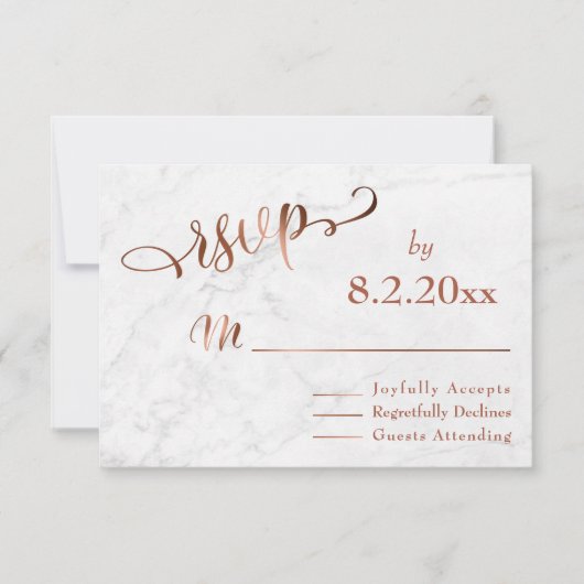 Elegant Koperen Script w / Wit Marmeren Bruiloft R RSVP Kaartje (Voorkant)
