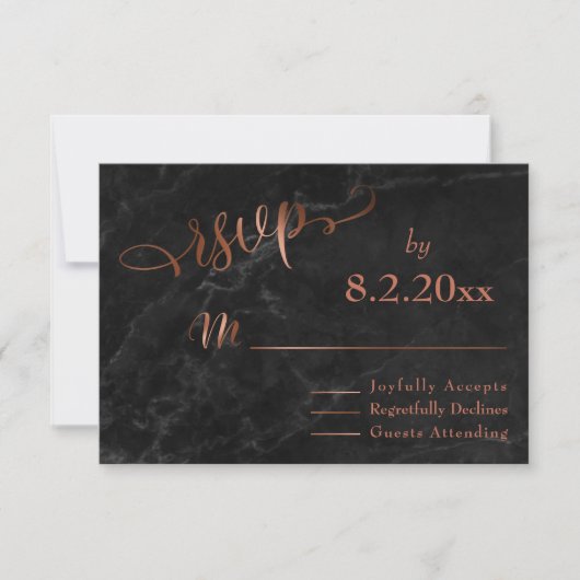 Elegant Koperen Script w / Zwart Marmer Bruiloft R RSVP Kaartje (Voorkant)