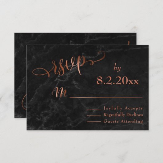Elegant Koperen Script w / Zwart Marmer Bruiloft R RSVP Kaartje (Voorkant / Achterkant)