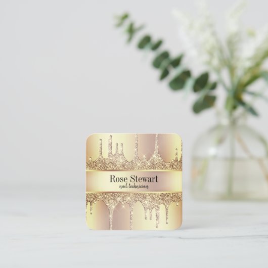 Elegant kopergoud glitter druppelt nagels vierkante visitekaartje (Staand voorkant)