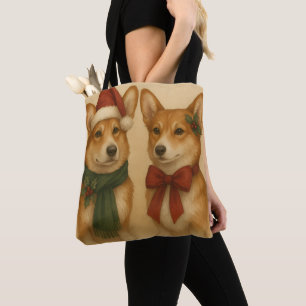 Elegant Koppel Corgi Kerstmis Festieve Santa Hoed Draagtas