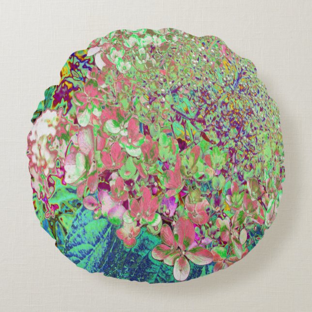 Elegant Koraal en Chartreuse Limelight Hydrangea Rond Kussen (Voorkant)