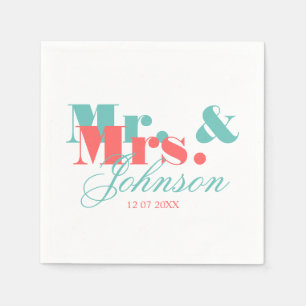 Elegant koraal en munt Mr en Mrs bruiloft luiers Servet