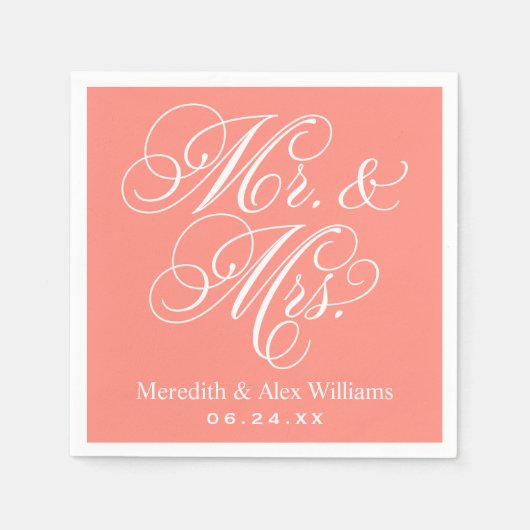 Elegant Koraal Mr en Mrs Script Bruiloft Servet (Voorkant)