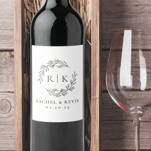 Elegant krans bruiloft Initiaal Monogram Wijn Etiket