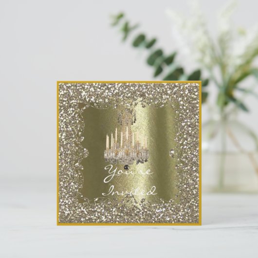 ELEGANT KRISTAL Gouden Glitter Kerst Uitnodiging (Staand voorkant)