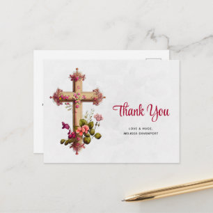 Elegant kruis met roze bloemen Hartelijk dank Briefkaart