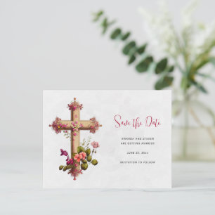 Elegant kruis met Roze Bloemen sparen de Datum Uitnodiging Briefkaart