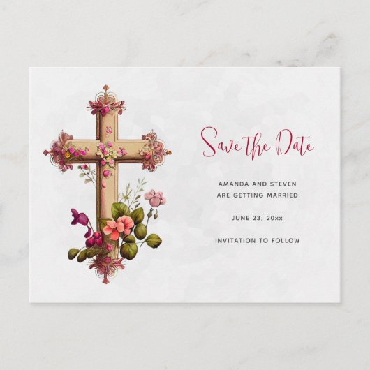 Elegant kruis met Roze Bloemen sparen de Datum Uitnodiging Briefkaart (Voorkant)