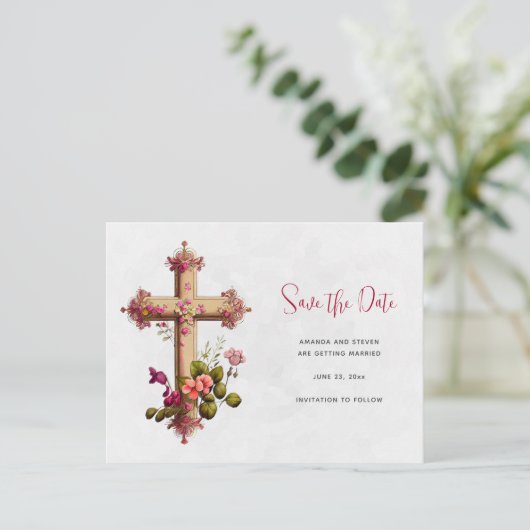 Elegant kruis met Roze Bloemen sparen de Datum Uitnodiging Briefkaart (Staand voorkant)