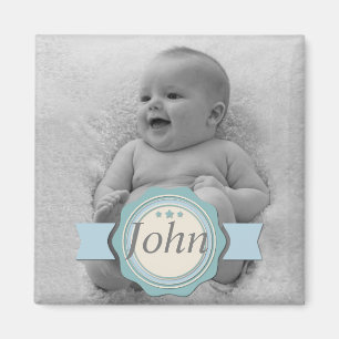 Elegant label Baby foto aandenken - blauw Magneet