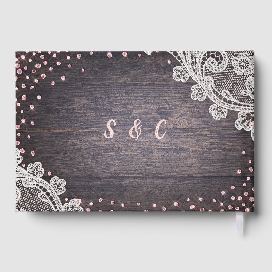 Elegant Lace en houtblush glitter rustige bruiloft Gastenboek (Achterkant)