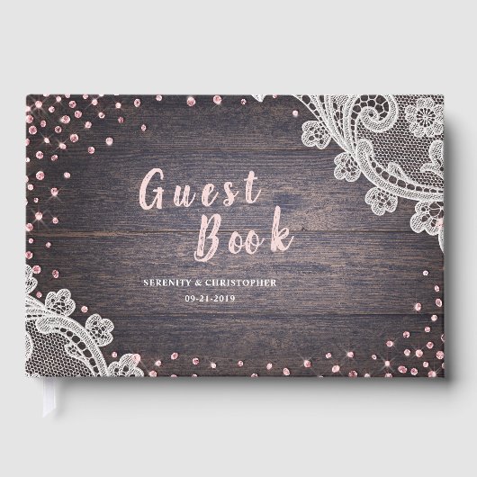 Elegant Lace en houtblush glitter rustige bruiloft Gastenboek (Voorkant)