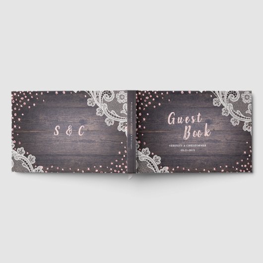 Elegant Lace en houtblush glitter rustige bruiloft Gastenboek (Volledig)