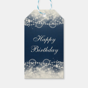 Elegant Lace en Pearls op Blue Happy Birthday Cadeaulabel