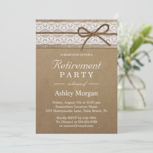 Elegant Lace Rustic Burlap String Retirement Party Kaart (Staand voorkant)