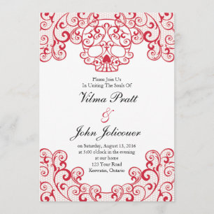 Elegant Lace Skull Calavera Invitation Card in Red Kaart