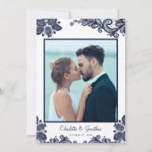 Elegant Lace Wedding Custom Foto Blue White Chic Kaart (Achterkant)