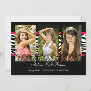 Elegant Lace & Zebra Pink Photo Afstuderen Kaart