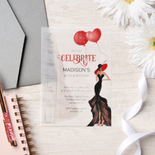 Elegant Lady en Balloons Birthday Vellum Uitnodigingen