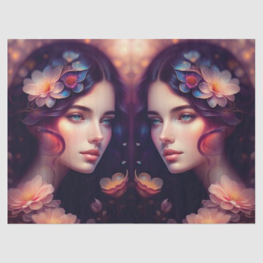 Elegant Lady Oranje Roze Blauwe Bloemen Ontkoppele Tissuepapier (Voorkant)