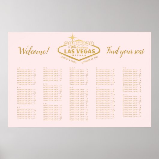 Elegant Las Vegas Wedding Pink Gold Seating Chart Poster (Voorkant)